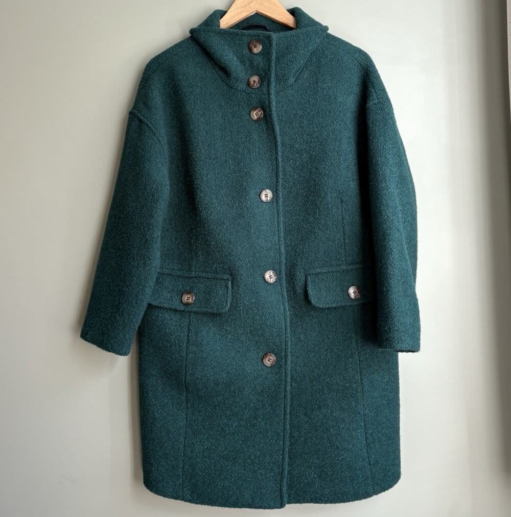 TALBOTS Boucle Wool Blend Overcoat Forest Green Winter Retro Outerwear S